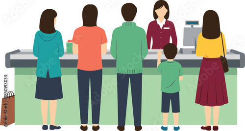Customers standing in queue at supermarket checkout counter, family shopping together, cashier service illustration, retail store interior, daily consumer lifestyle concept