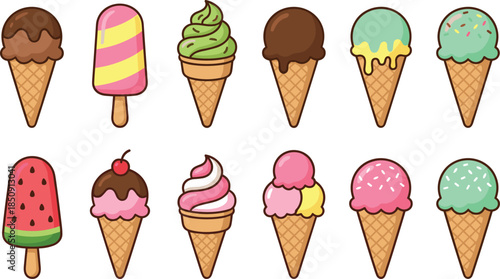 Colorful ice cream collection illustration, cute hand drawn dessert icons set, summer sweets vector design, popsicle cone gelato artwork isolated white background