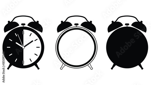 Three black and white alarm clock designs on white background vector