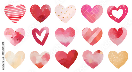 Soft watercolor valentine hearts collection. Cute romantic hand painted hearts for love designs