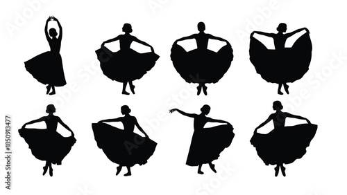 Eight black silhouettes of dancing women in various ballet poses on white background vector