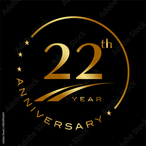 Golden 22nd Anniversary Logo Design with Elegant Circle and Stars.