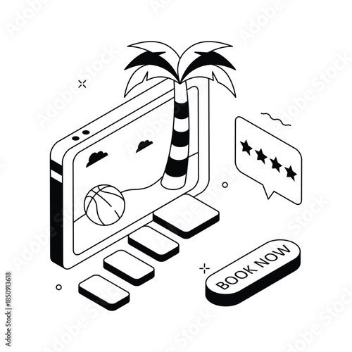 A visually appealing isometric online vacation booking illustration