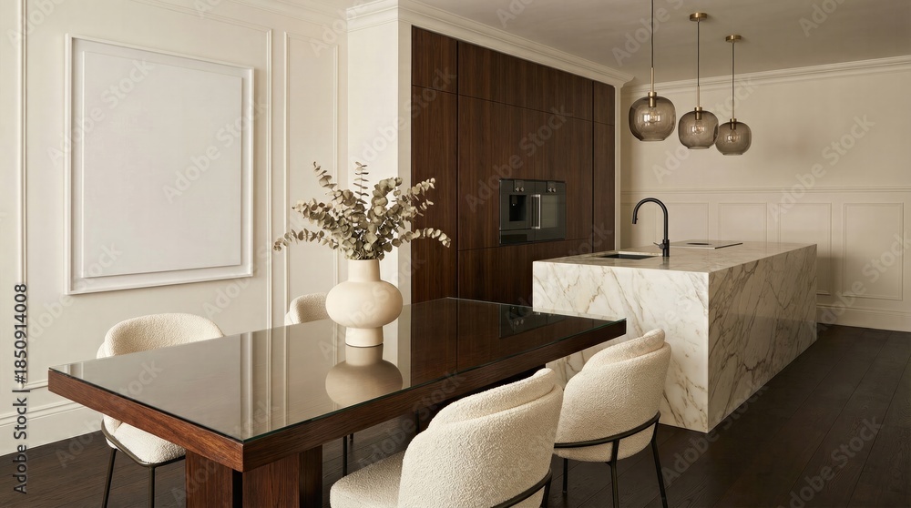 Fototapeta premium A modern and elegant kitchen and dining area features a marble island and a stylish wooden table.
