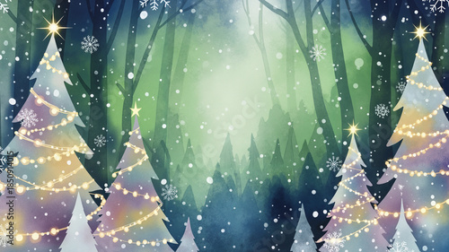Christmas and New Year greeting card featuring snowy trees with lights in a magical forest, with copy space