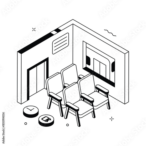 Airport waiting area illustration with seating for travel and transportation concepts