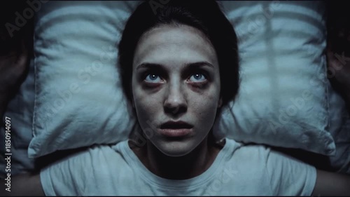 A terrified woman with insomnia lying awake in bed at night. Close-up of a scared face experiencing a nightmare or sleep paralysis. Mental health and anxiety concept