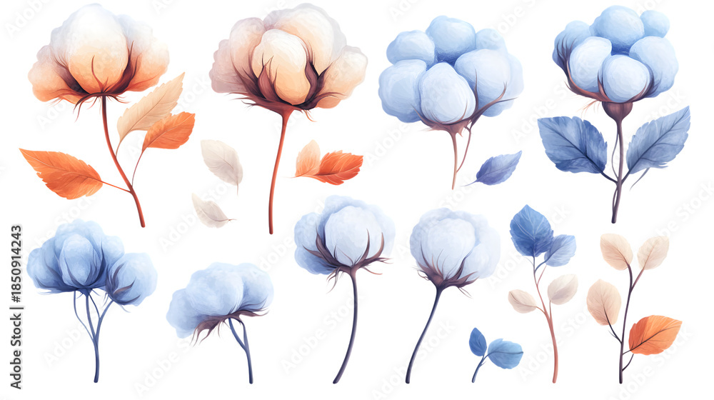 Obraz premium Vibrant pastel flowers and leaves isolated on white background.