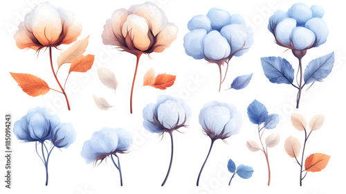 Vibrant pastel flowers and leaves isolated on white background.
