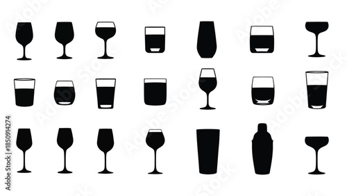 Collection of wine and beer glasses on white background vector