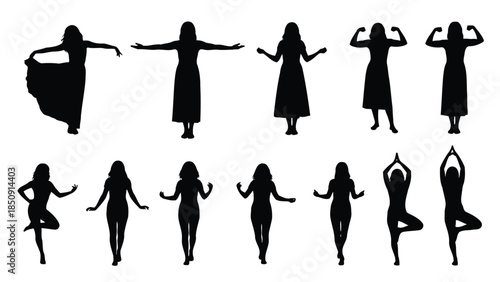 Collection of women in various yoga and dance poses isolated on white background vector