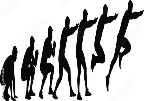 Athlete jumping sequence silhouettes showing explosive power, squat to leap motion, fitness training progression, strength workout concept illustration design