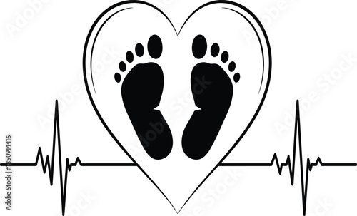 Baby footprints inside heart with heartbeat line symbolizing pregnancy, newborn love, maternity health, family care, and birth announcement concept