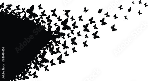 Butterfly silhouettes flying in dynamic swarm, freedom transformation concept, nature movement, abstract migration design, artistic minimal illustration background