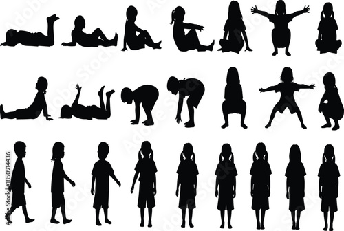 Child development silhouettes showing kids growing from baby to toddler stages, various poses, movements, childhood growth timeline illustration concept
