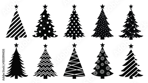 Ten black Christmas trees with various patterns isolated on white background vector