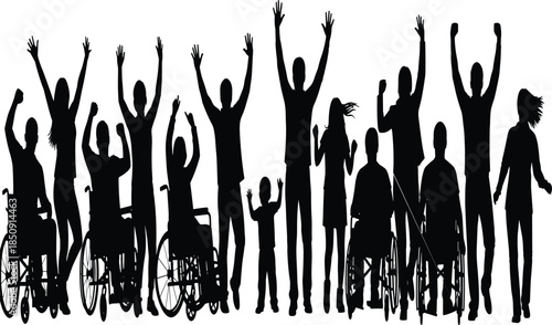 Silhouettes of diverse people celebrating together, representing inclusion, disability awareness, accessibility, unity, equality, and community support on white background