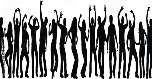 Dancing crowd silhouettes with raised hands showing energetic nightlife celebration, party atmosphere, music festival vibes, joyful movement illustration concept
