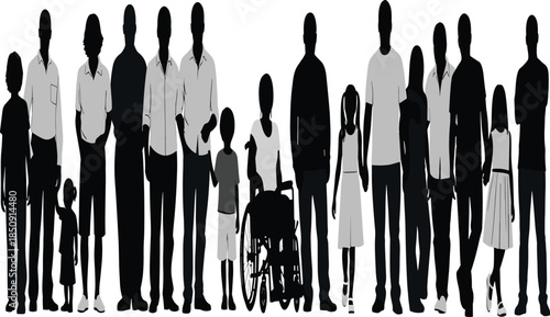 Diverse people silhouettes standing together representing inclusion, accessibility, equality, family, disability awareness, and modern multicultural community isolated on white background