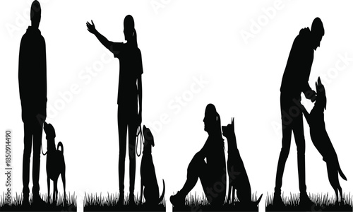 Dog training silhouettes showing owner commands, obedience practice, pet interaction stages, canine behavior learning, outdoor bonding moments illustration concept