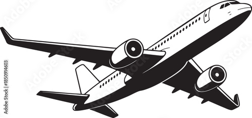 A black and white illustration of a passenger airplane in flight