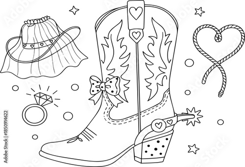 Isolated a Cowgirl shoes in whimsical line art style. Cowboy western symbol for girls bachelorette. Trendy and coquette drawing for invitation and banner for holidays. Doodle vector art .