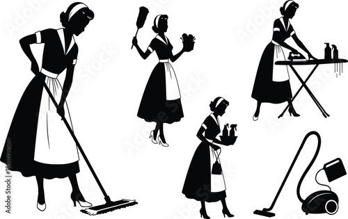 Housekeeping maid silhouettes performing cleaning tasks with tools, domestic service activities, home maintenance concepts, vintage style, professional cleaning illustration