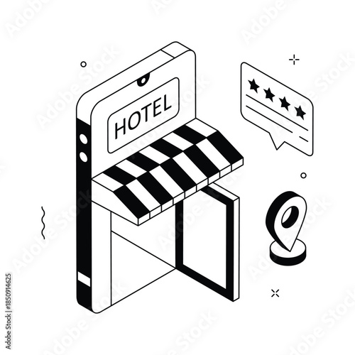 Trendy isometric online hotel booking illustration with mobile interface