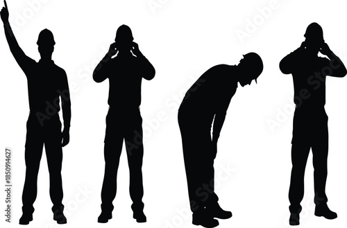 Male worker silhouettes showing stress, fatigue, frustration, and emotional pressure representing mental health, workplace challenges, and human body language on white background