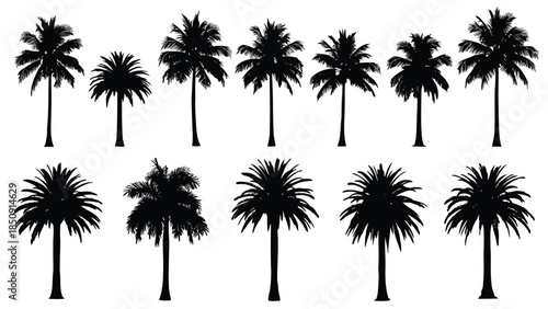 Collection of black palm tree silhouettes on white background vector