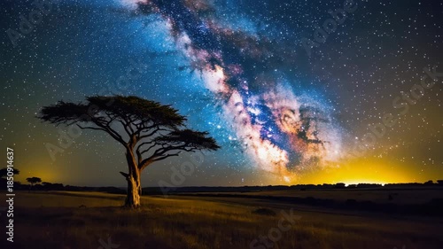 A stunning nighttime scene with a silhouetted tree under the vibrant Milky Way galaxy in the Serengeti.