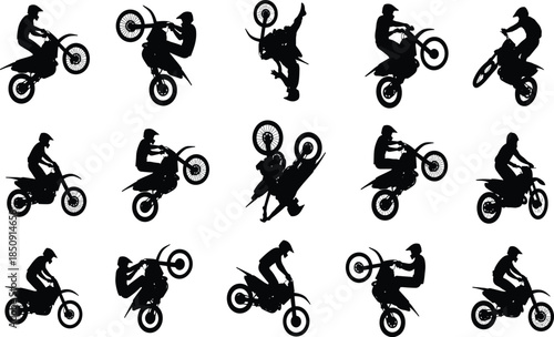 Motocross rider silhouettes performing extreme motorcycle stunts, jumps, and tricks, action sports motion, freestyle biking illustration, dynamic adrenaline concept