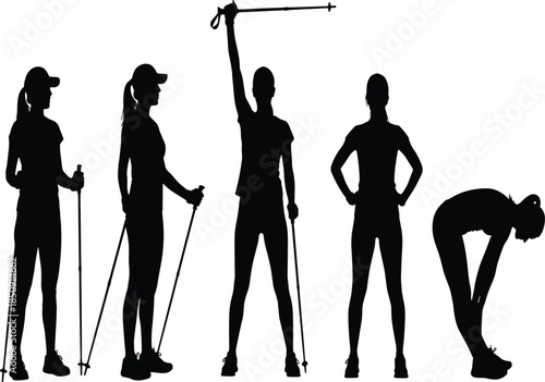 Nordic walking athlete silhouettes showing training poses with poles, outdoor fitness activity, endurance exercise routine, healthy lifestyle sports illustration concept