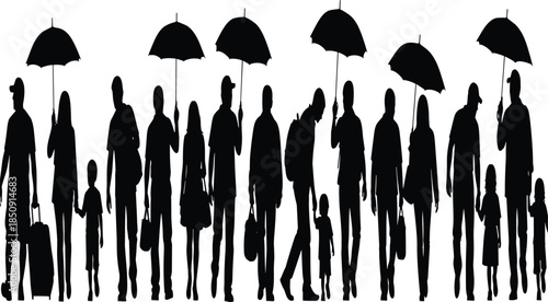 People silhouettes walking under umbrellas showing rainy day lifestyle, urban commute, family movement, weather protection concept, crowd illustration design