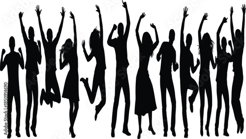 Group of happy people silhouettes jumping and celebrating together symbolizing joy, freedom, unity, success, and positive social energy on white background