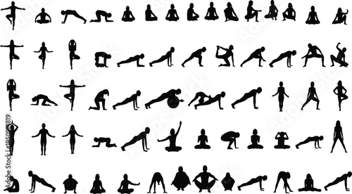 Yoga and fitness exercise silhouettes showing full body workout poses, stretching routines, meditation positions, and healthy lifestyle movements isolated on white background