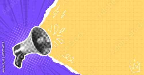 Pop Art Megaphone On Purple and Yellow Torn Paper Poster Background with Halftone Rays, Doodle Elements. Modern Comic Announcement Alarm Punk Banner, Textured Copy Space. Vector Illustration