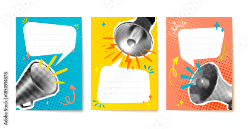 Collage Pop Art Posters with Halftone Megaphones and Comic Speech Bubbles. Colorful Retro Backgrounds. Notebook Covers with Signage Copy Space. Advertising Message Design Banner. Vector Illustration