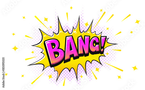 Comic Pop Art Bang Explosion Speech Bubble with Halftone Dots and Dynamic Rays. Colorful Retro Cartoon Sound Effect for Comics, Posters, Ads and Creative Design. Vector Illustration