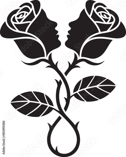 Two roses forming faces in a black and white illustrative design