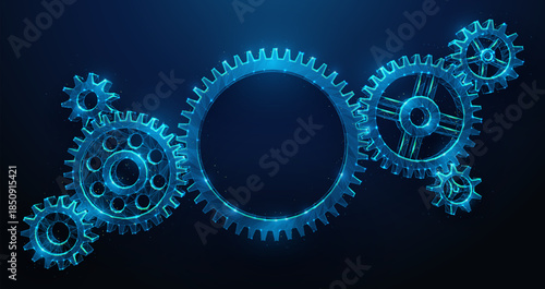 Low Poly Gears Composition on Blue Background With Copy Space. A Group of Cog Wheels Made of Wireframe Mesh. Abstract vector illustration depicting synergy partnership and industrial teamwork concept.
