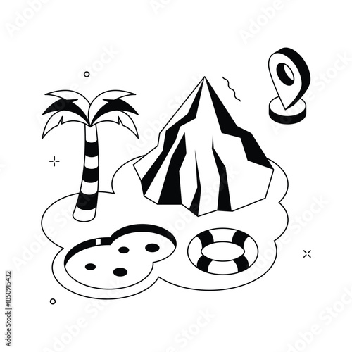 Isometric summer travel illustration with beach and pool for holiday vacation concept