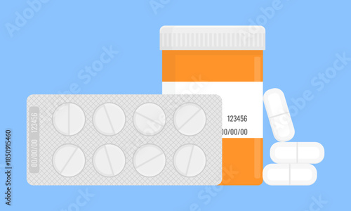 Prescription medicine set - pill bottle, blister pack, and capsules vector illustration. Minimalist medical design for healthcare apps, pharmacy websites, medical brochures, and drug packaging mockups