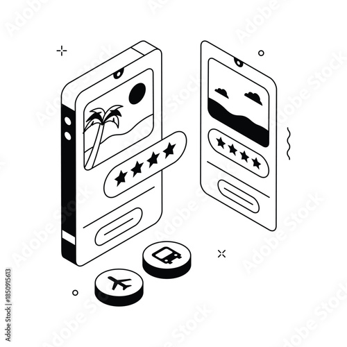 Isometric booking app illustration for online travel and vacation services.