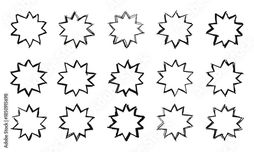 Fifteen rough outline images of decagonal stars. Doodles and squiggles. Vector set