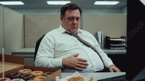 An overweight office worker feels stomach pain after eating junk food at his desk. A middle-aged man with an unhealthy diet in his cubicle. Obesity and poor nutrition concept