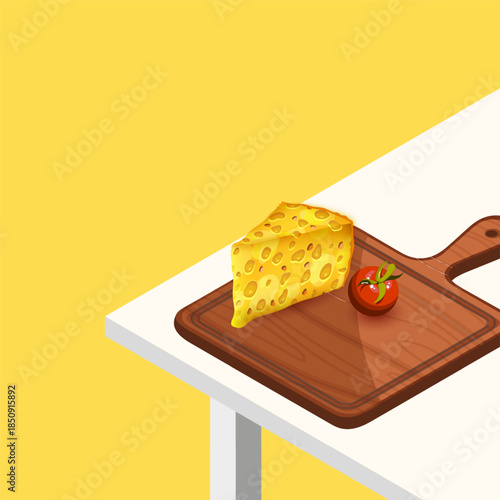 A wedge of yellow cheese with holes sits on a wooden cutting board
