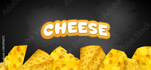 A wedge of yellow cheese with holes sits on a wooden cutting board