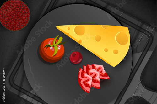 A wedge of yellow cheese with holes sits on a wooden cutting board