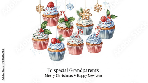 Watercolor Christmas Cupcakes Illustration Set with Festive Holiday Decorations on White Background